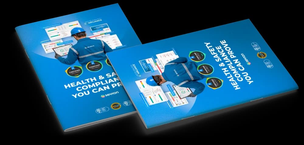 3D cover mock-up of the Sevron Accelerated Compliance brochure 2026, Safety365 branding; mid-page download CTA visual.