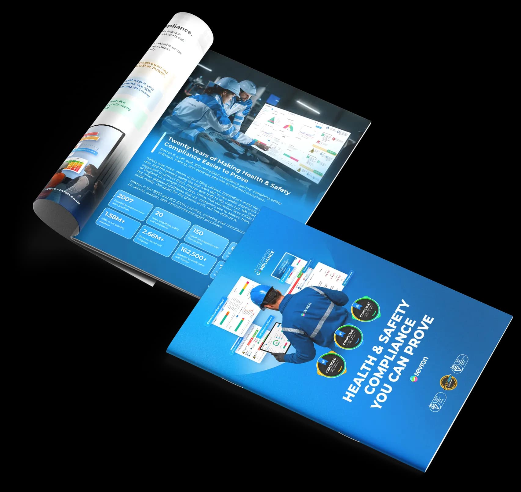 Safety365 health and safety compliance software brochure, open to the dashboard pages