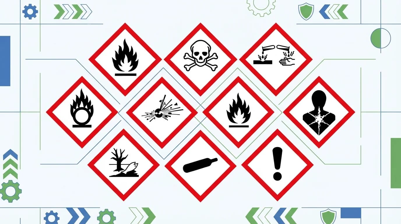 GHS hazard diamond pictograms arranged in a grid showing safety warning symbols