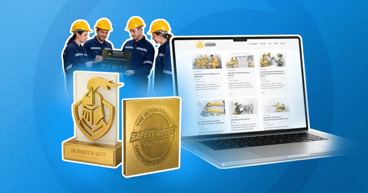 The Knights of Safety Academy promotional image showing online safety courses on a laptop, workers with a certificate of completion, and safety excellence awards