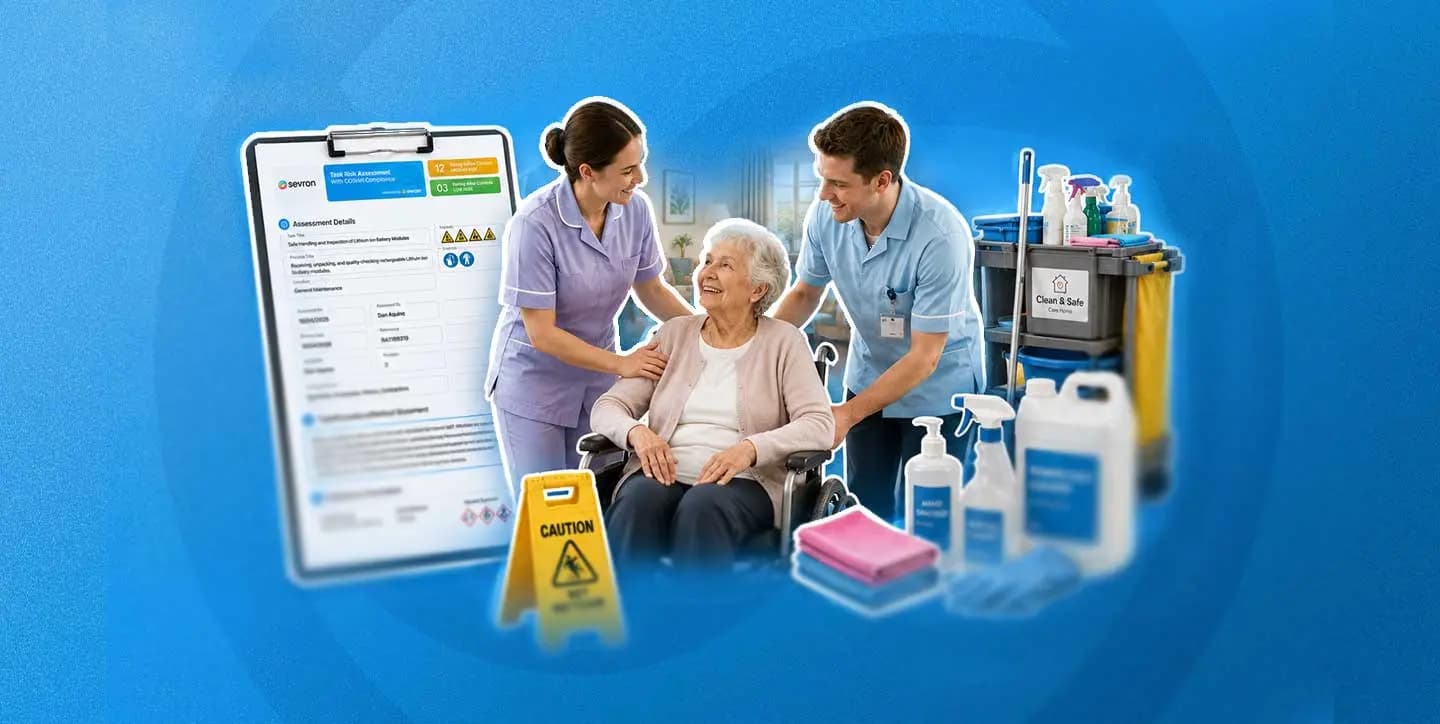 A care home sluice room with locked chemical storage, labelled cleaning products on a trolley, and a COSHH assessment folder on the counter.