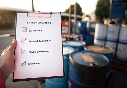 Operations staff using a safety checklist for risk assessment in the workplace