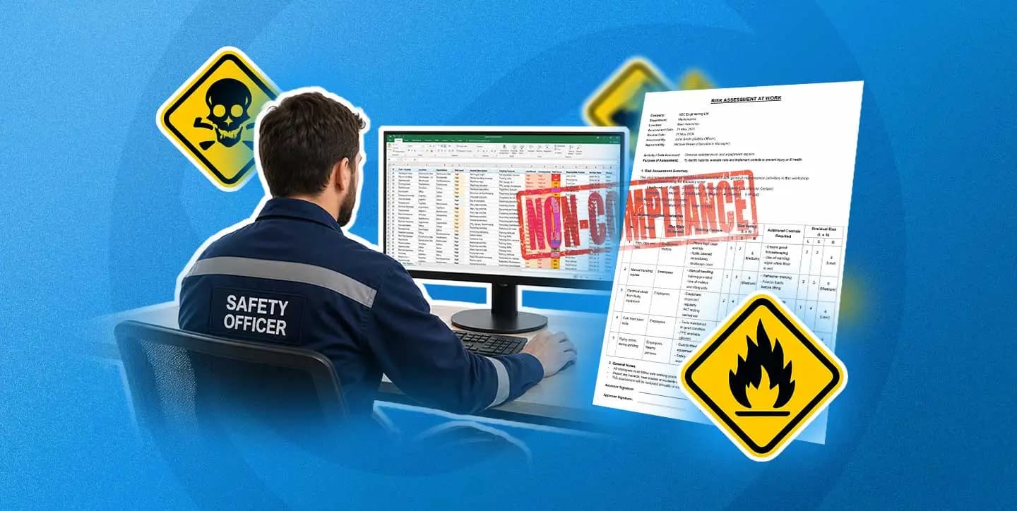 A messy Excel spreadsheet of COSHH assessments beside outdated printed safety data sheets on a desk, highlighting the hidden cost of spreadsheet-based compliance.