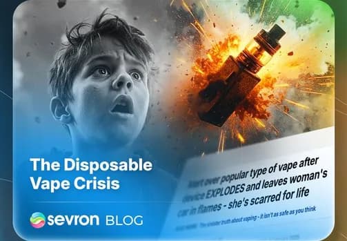 A dramatic image for a blog on the disposable vape crisis, showing a vape device exploding in flames and highlighting fire and safety risks