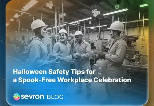 Four industrial workers in hard hats and festive clown and skeleton face paint celebrating Halloween safely in a factory with decorations
