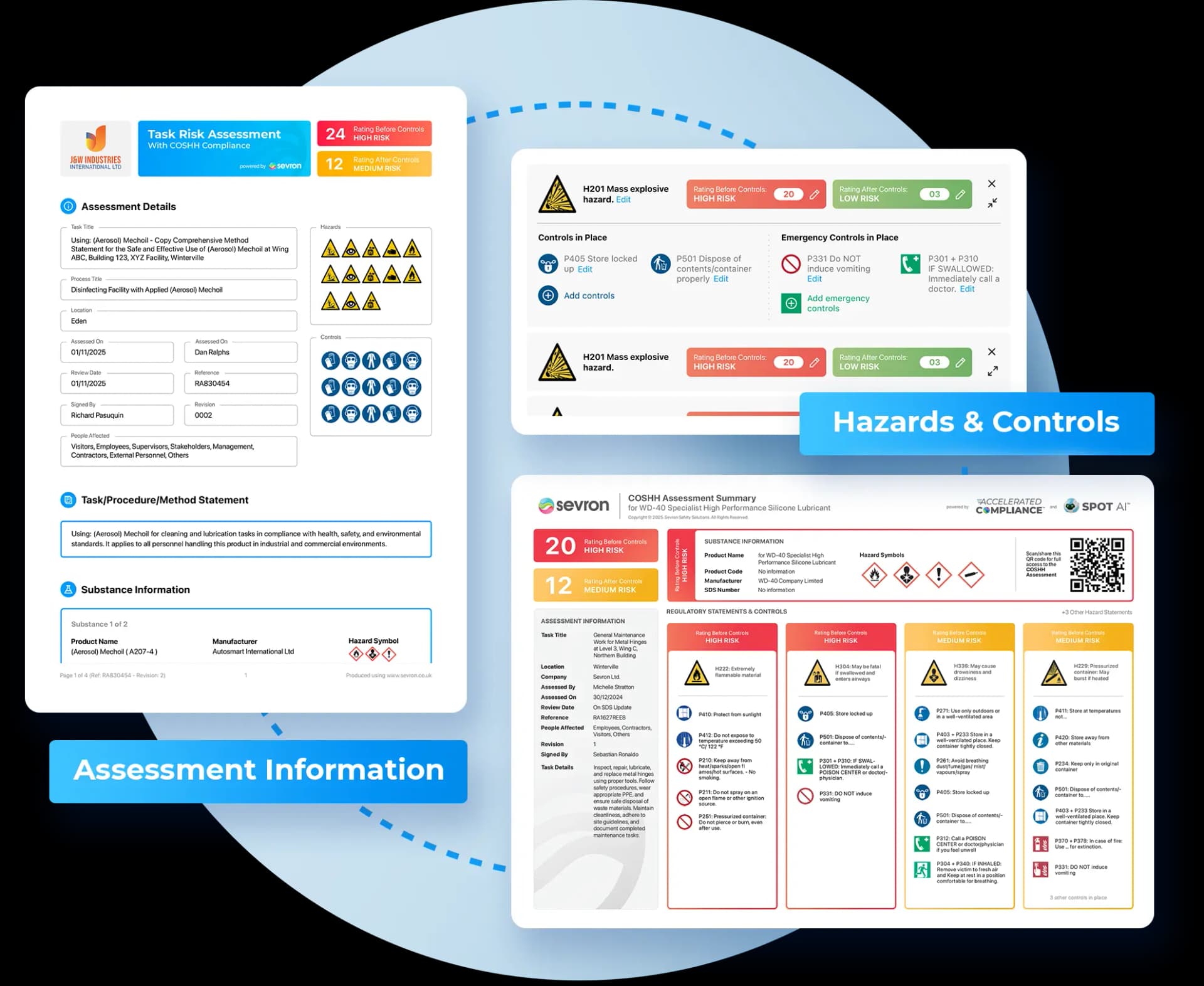 Chemical management software interface showing COSHH assessments and compliance tools