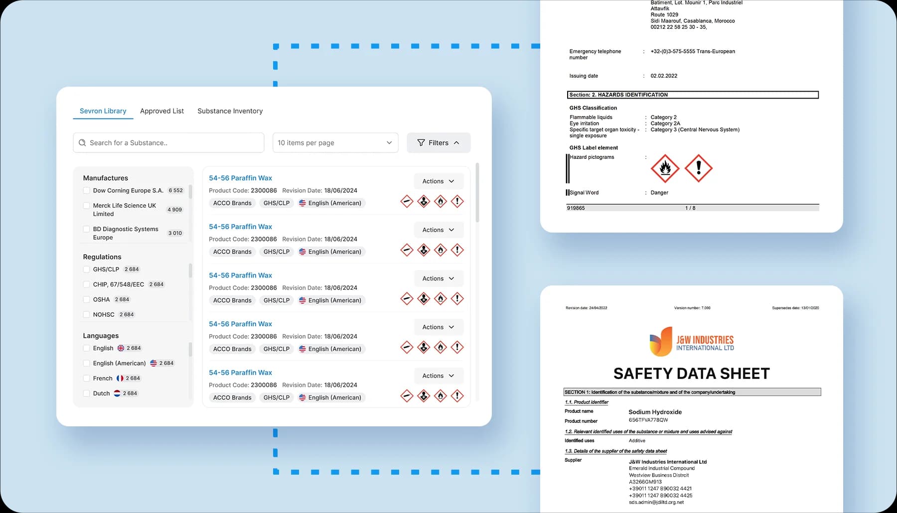 SDS Search interface showing search results