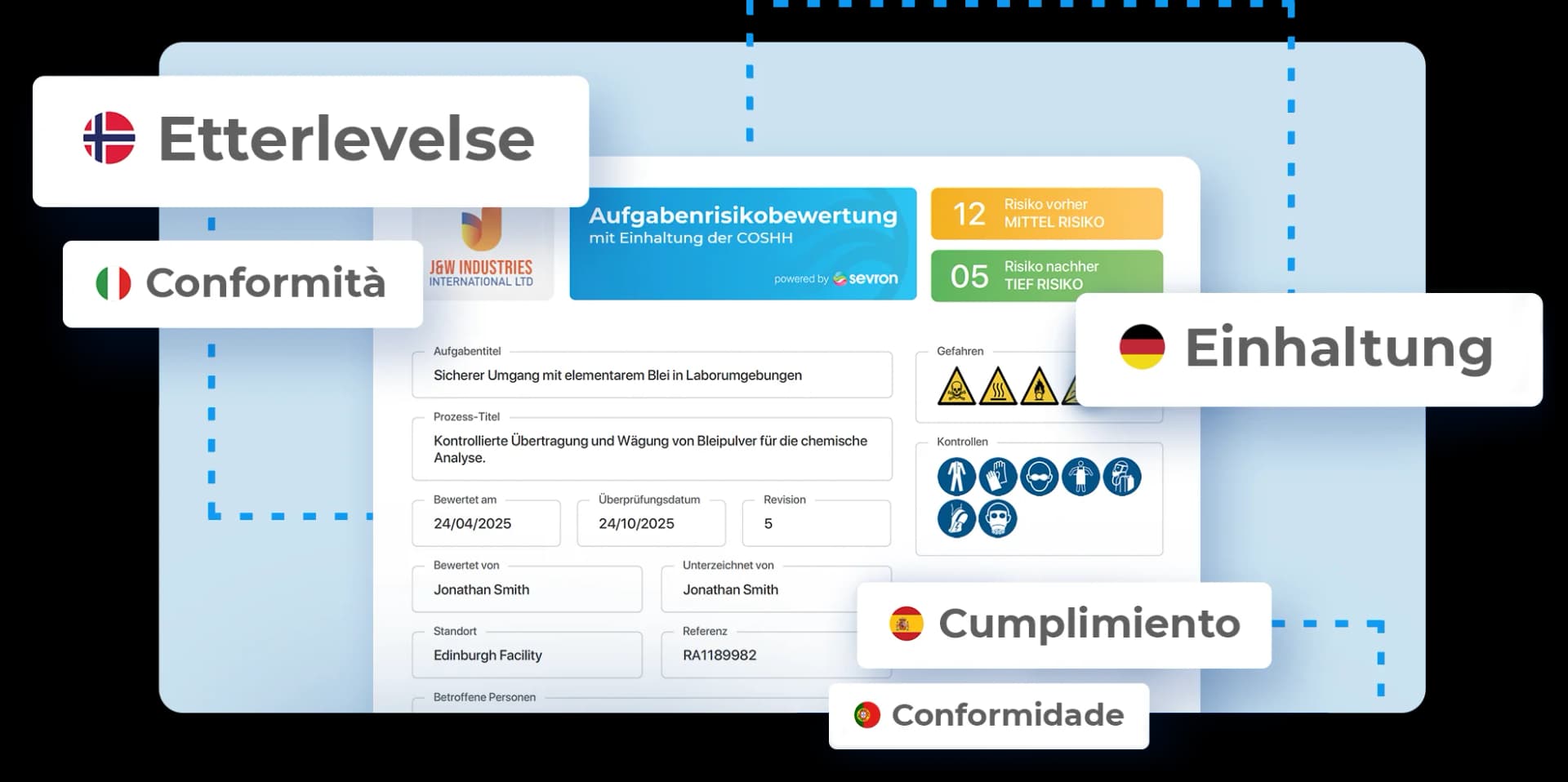 Multilingual COSHH interface supporting 7 languages for global safety compliance