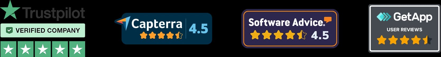 Trust badges from Trustpilot, Capterra, Software Advice, and GetApp showing verified reviews
