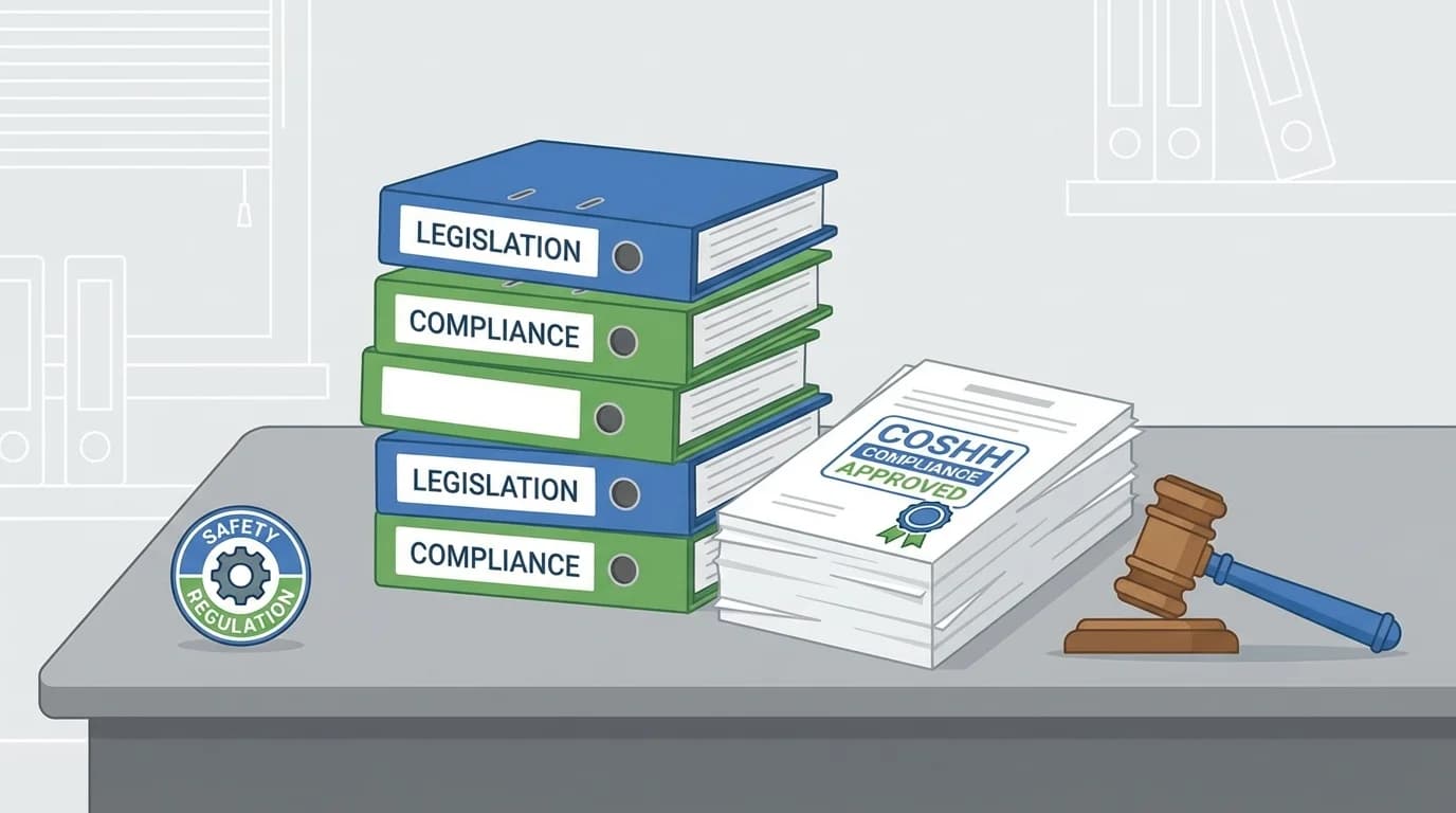 Legislation binders, compliance documents, and gavel representing COSHH regulations