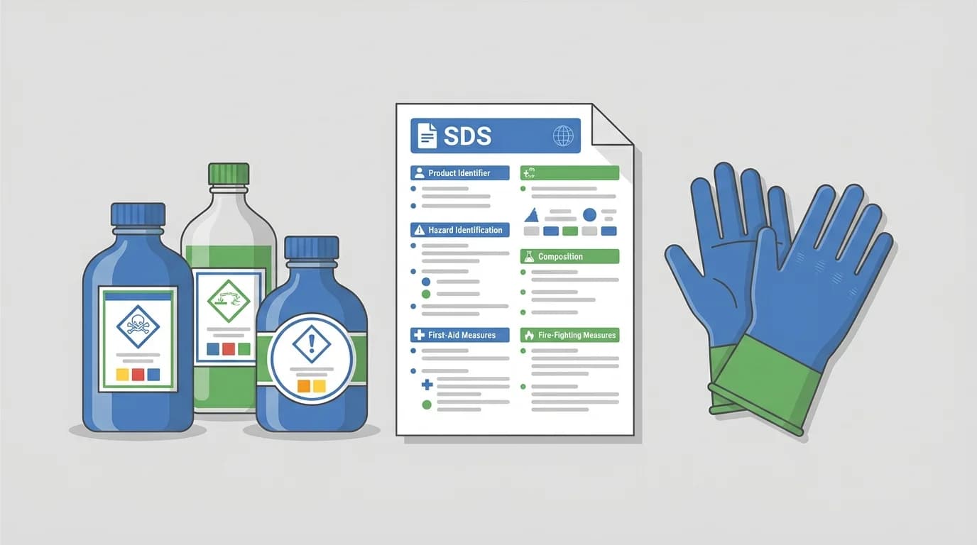 Chemical bottles, safety data sheet, and protective gloves illustrating COSHH basics