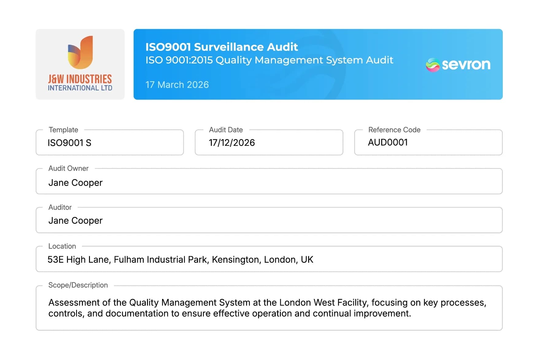 Safety365 audit report header for an ISO 9001 surveillance audit, showing template, audit date, reference code, owner, auditor, location and scope
