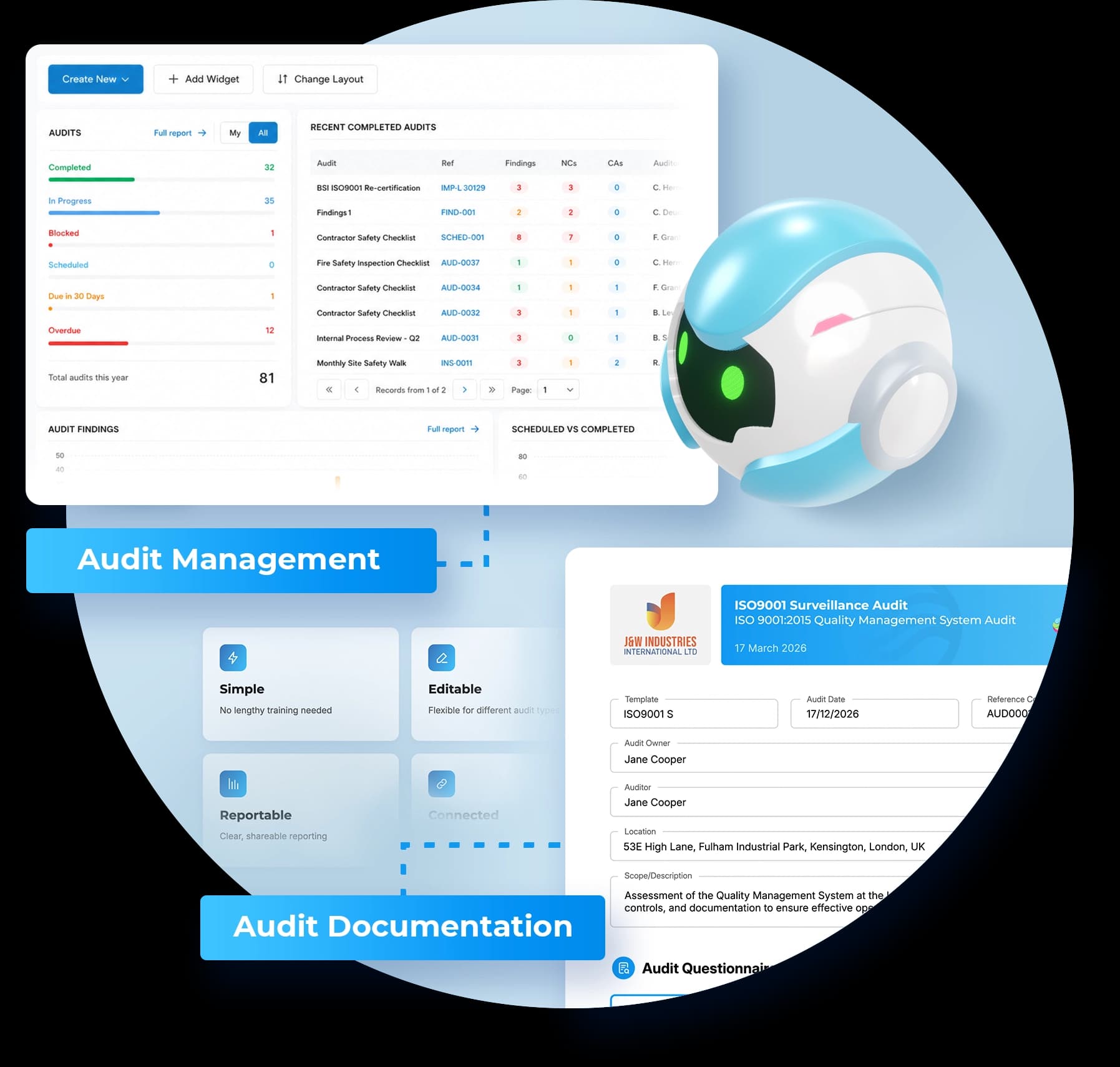 Safety365 Audit Management dashboard and audit documentation screens