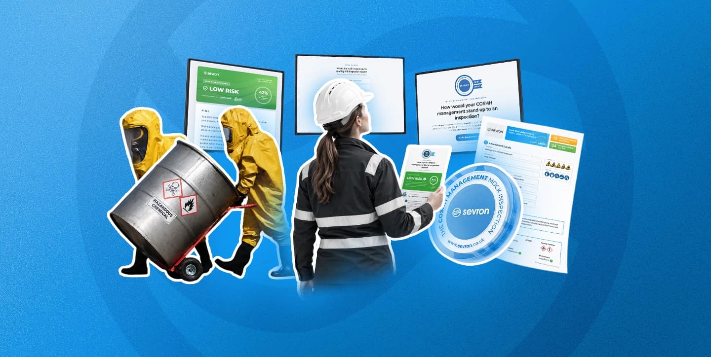 COSHH mock inspection collage: workers in hazmat suits with a labelled chemical drum, an inspector checking a tablet, and screens asking how COSHH management would stand up to an inspection.