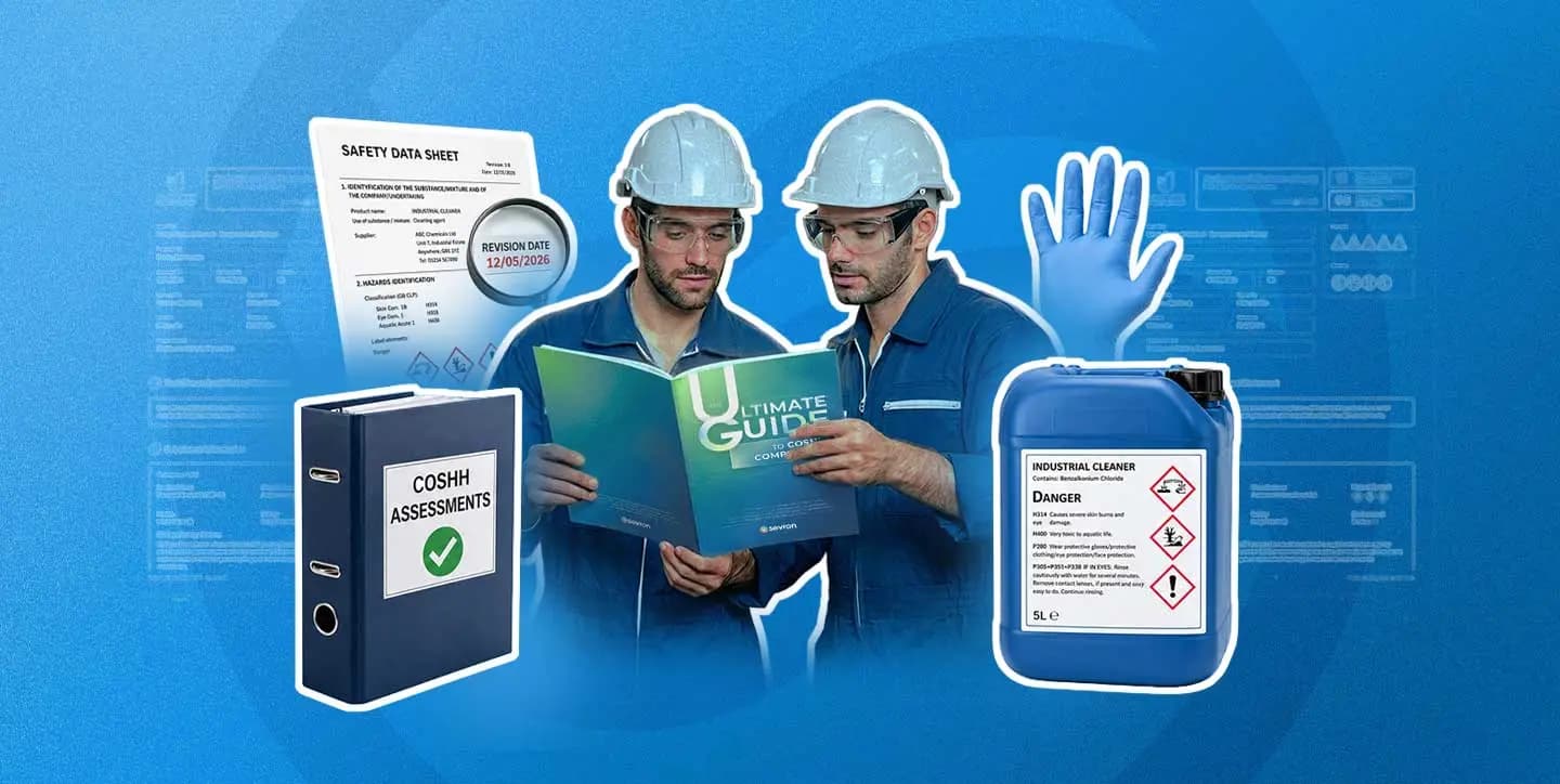 Updated GHS chemical hazard labels beside a safety data sheet and COSHH assessment folder, highlighting Great Britain mandatory classification changes in 2026.