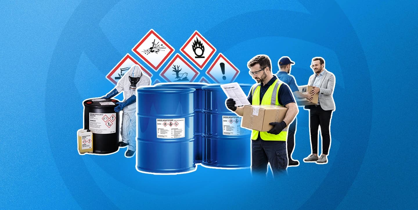 CLP hazard diamonds for explosive, flammable, oxidising, environmental and health hazards above labelled chemical drums and a bottle, with a worker in protective gear and staff checking a delivery note and a boxed shipment.