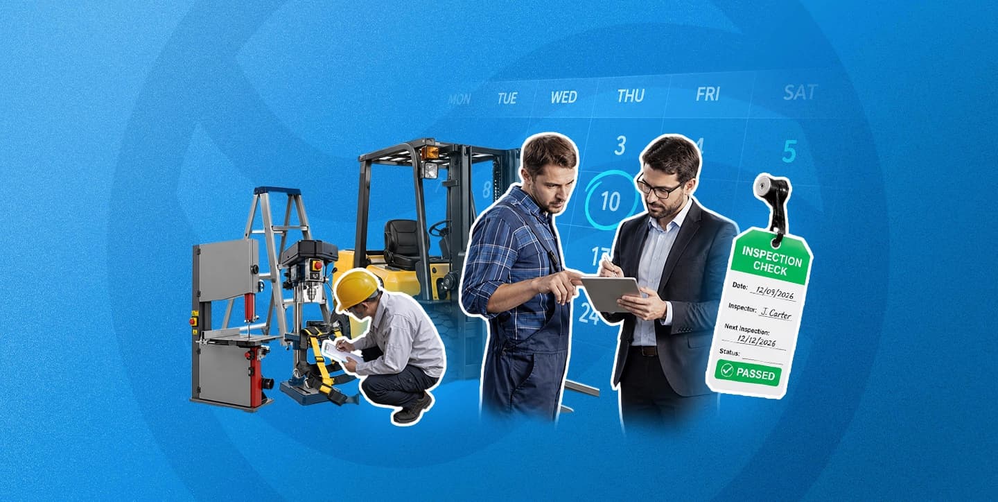 A PUWER inspection collage: a worker checking a bandsaw and drill, two colleagues reviewing a tablet against a calendar, and a passed inspection tag showing the next inspection date.