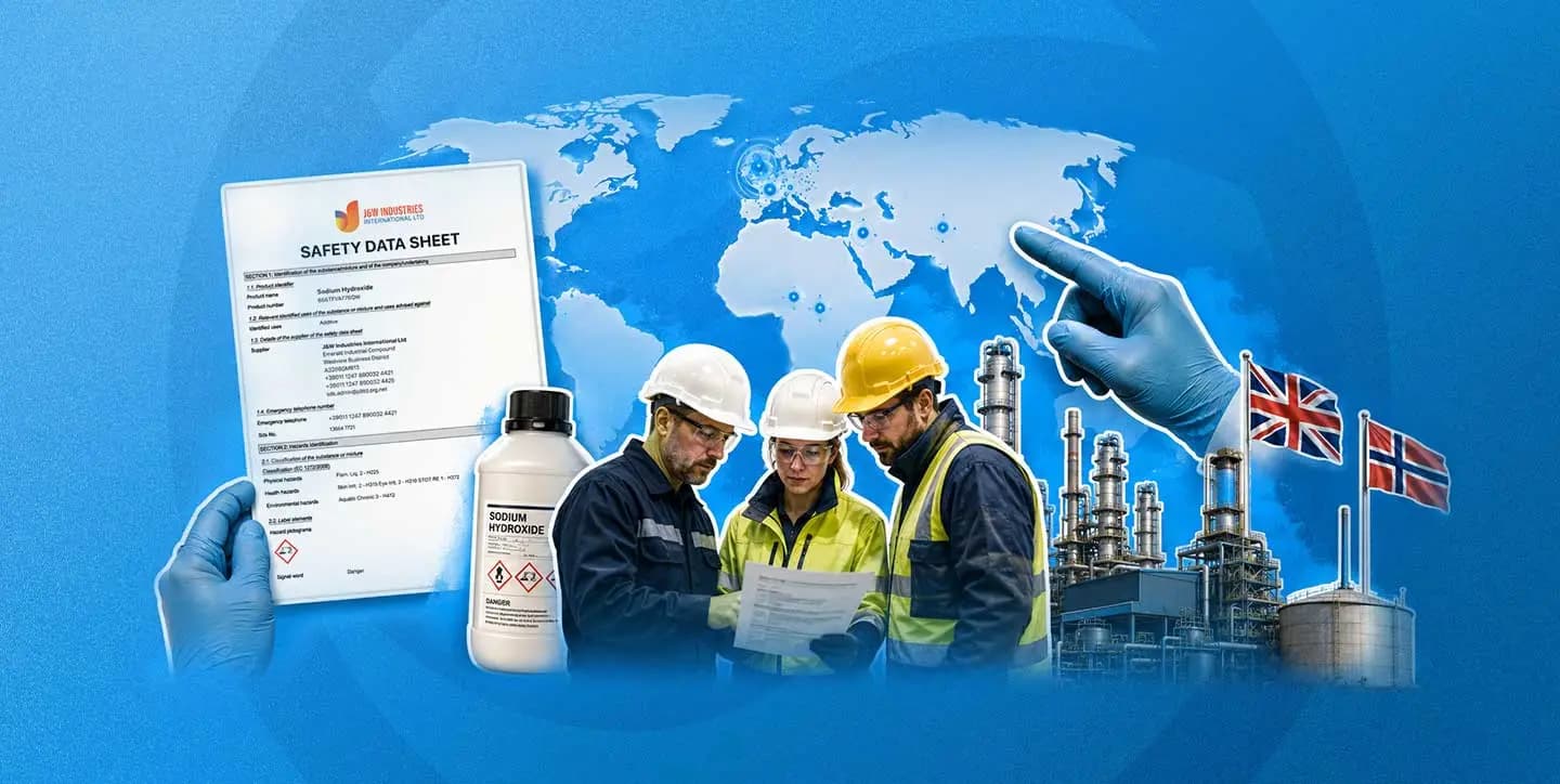 A gloved hand holding a sodium hydroxide safety data sheet beside site workers reviewing COSHH records, with a world map, UK and Norway flags, and an industrial plant.