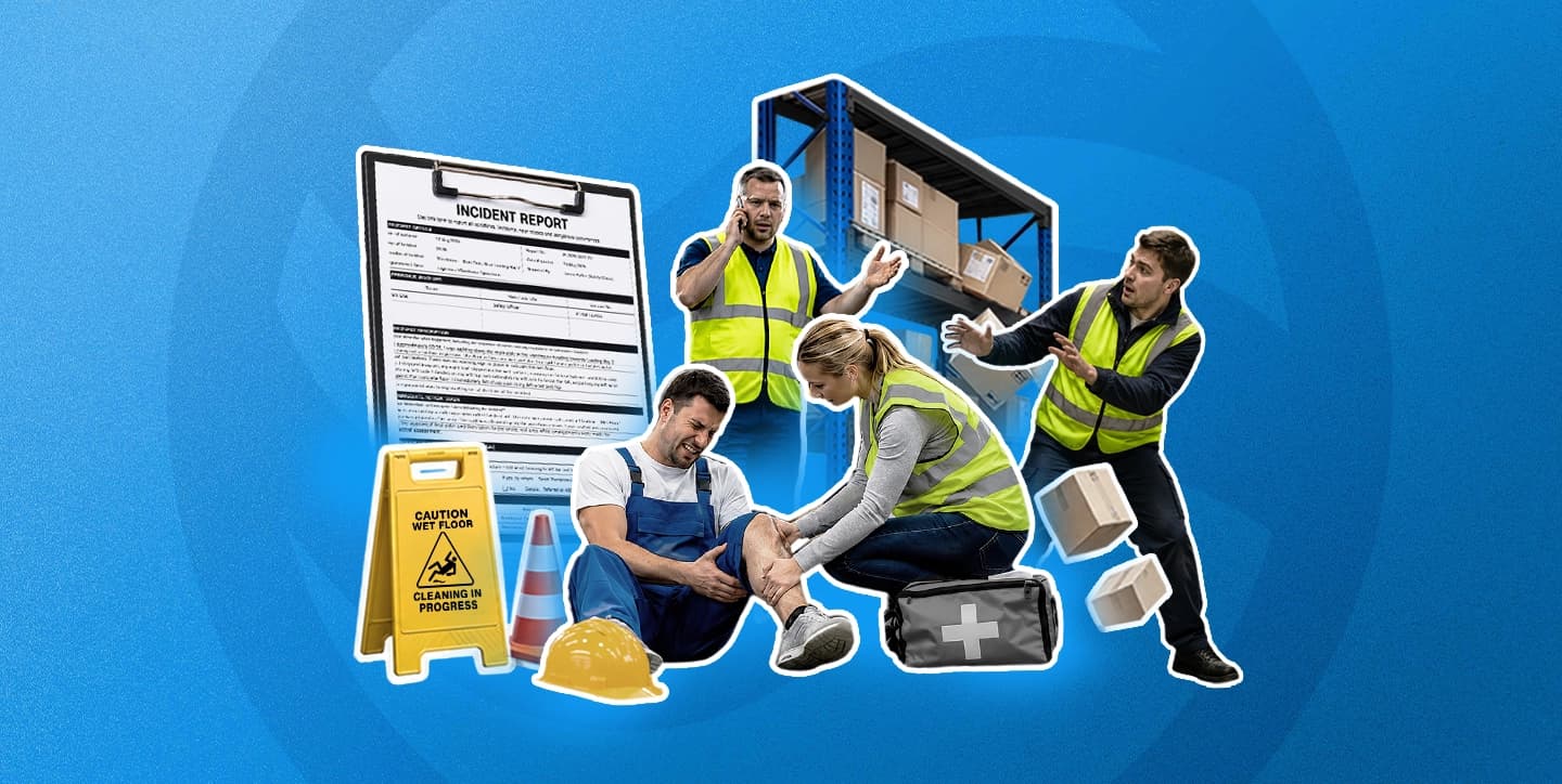 A warehouse incident report on a clipboard beside a worker receiving first aid, falling boxes as a near miss, and a supervisor calling to report the accident.