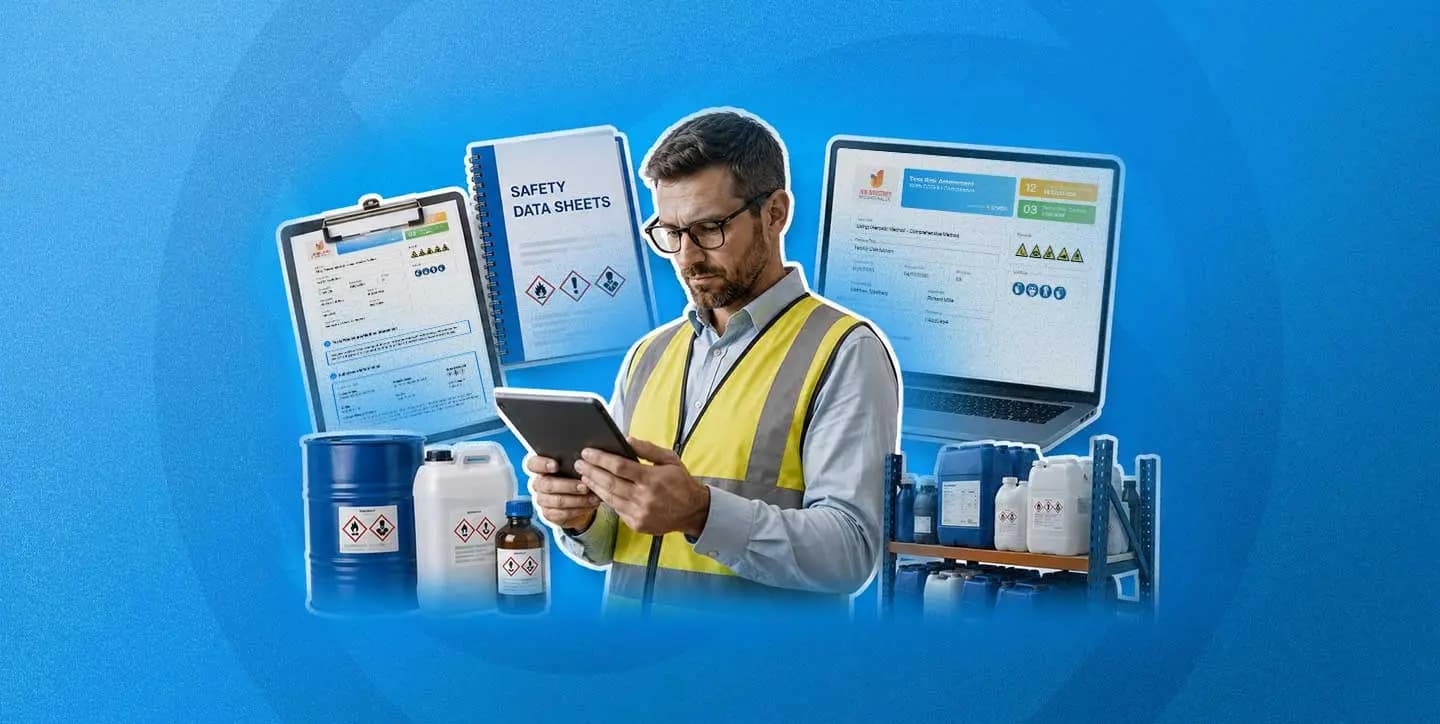 A health and safety consultant reviewing a client's COSHH folder and assessment documents beside chemical containers on a workshop bench.