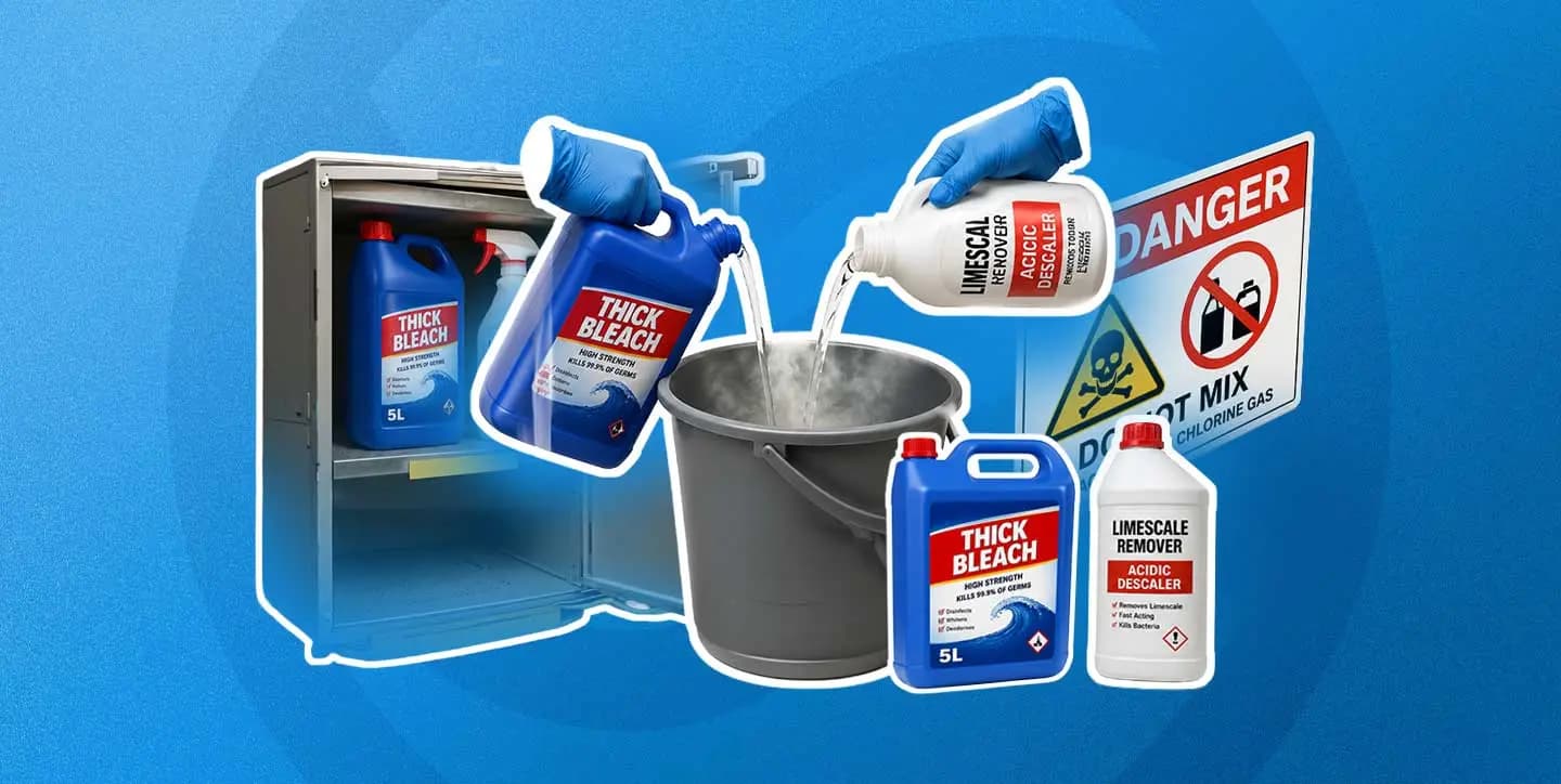 A bottle of thick bleach beside a washroom sink with hazard warning symbols and a printed safety data sheet on the side.