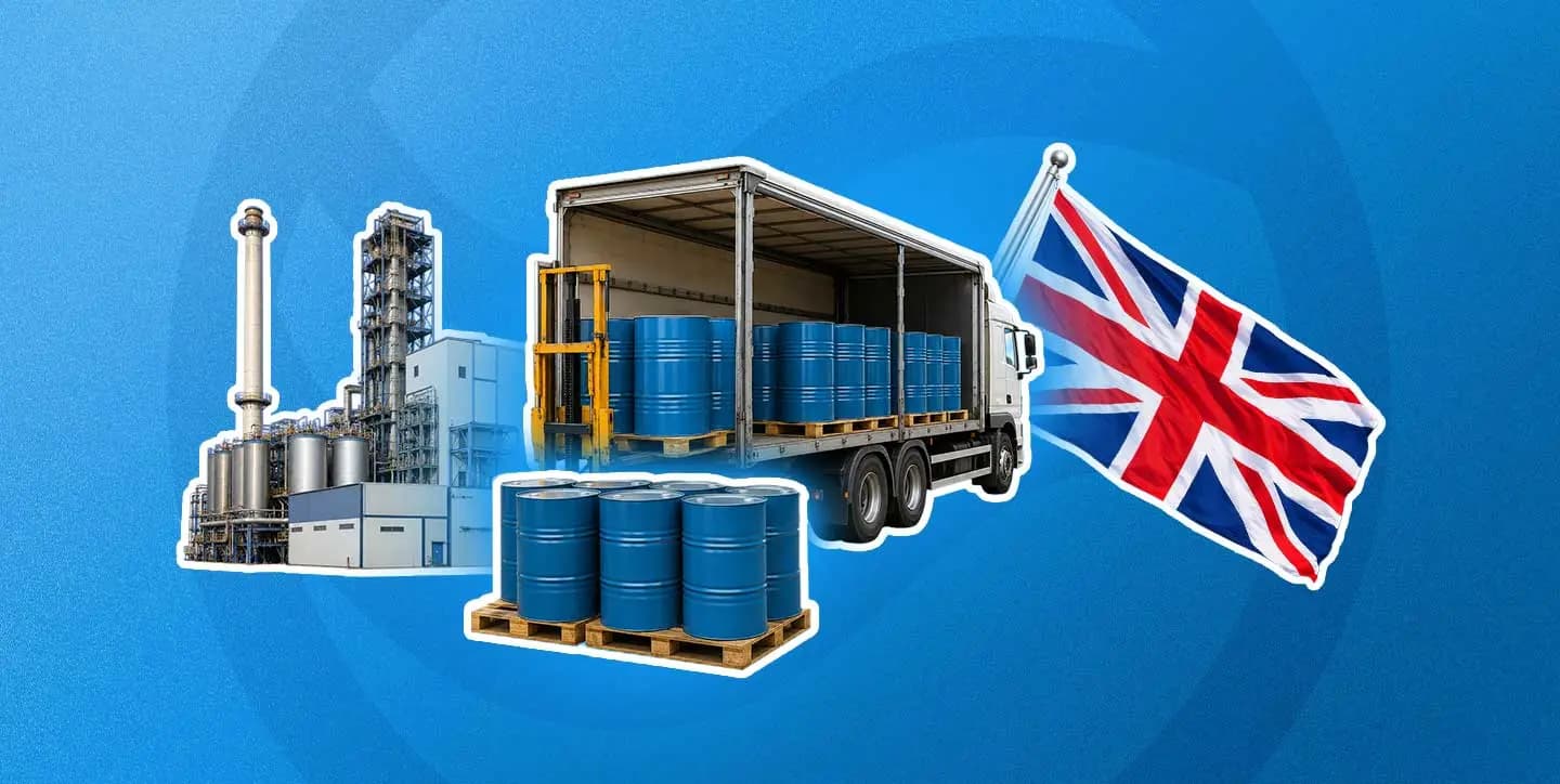 A chemical manufacturing plant and a transport truck loaded with blue chemical drums next to a UK flag, representing the British chemical supply chain.
