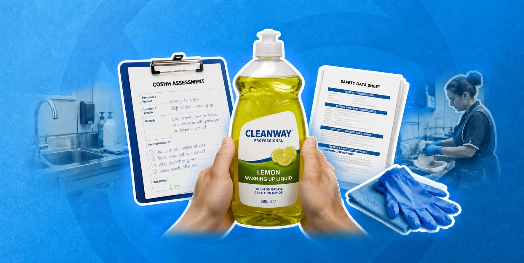 Gloved hands washing dishes in a commercial kitchen sink with washing up liquid, a printed safety data sheet on the side.