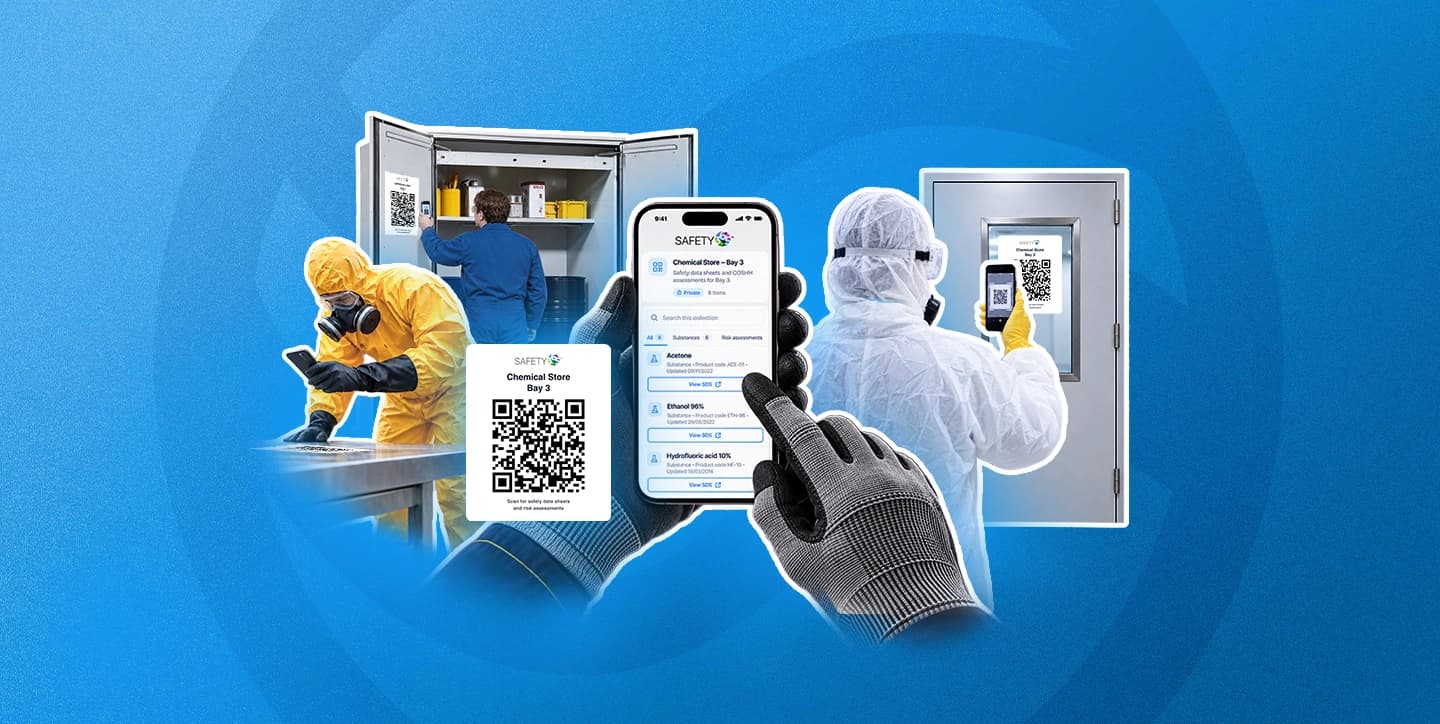 Safety365 QR collection for a chemical store: a printed Chemical Store Bay 2 code, a phone listing acetone, ethanol and hydrochloric acid, and workers scanning codes on a cabinet and a door.