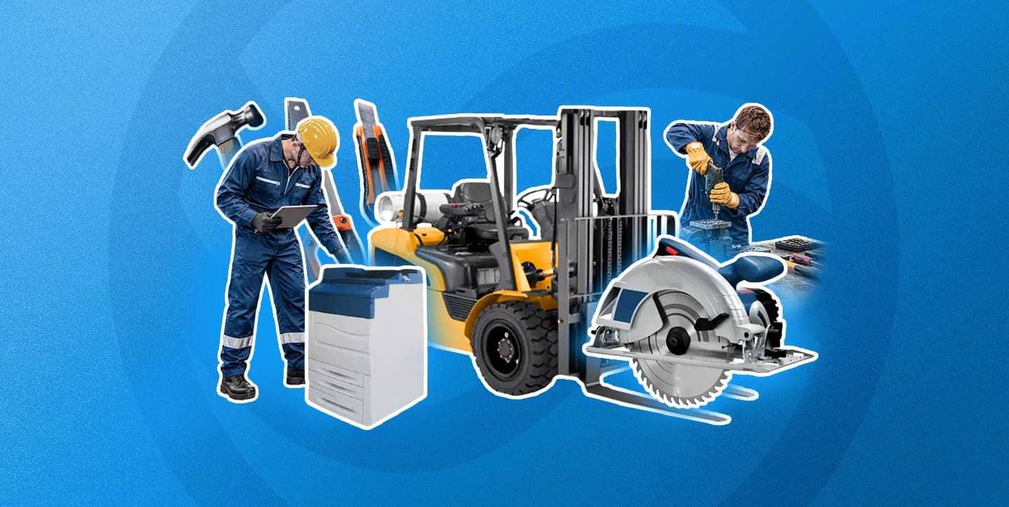 PUWER work equipment collage: a worker with a tablet beside a photocopier, hammer and ladder, a forklift, a circular saw, and a worker using a drill.