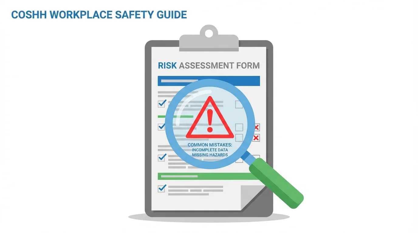 Magnifying glass highlighting errors on a risk assessment form