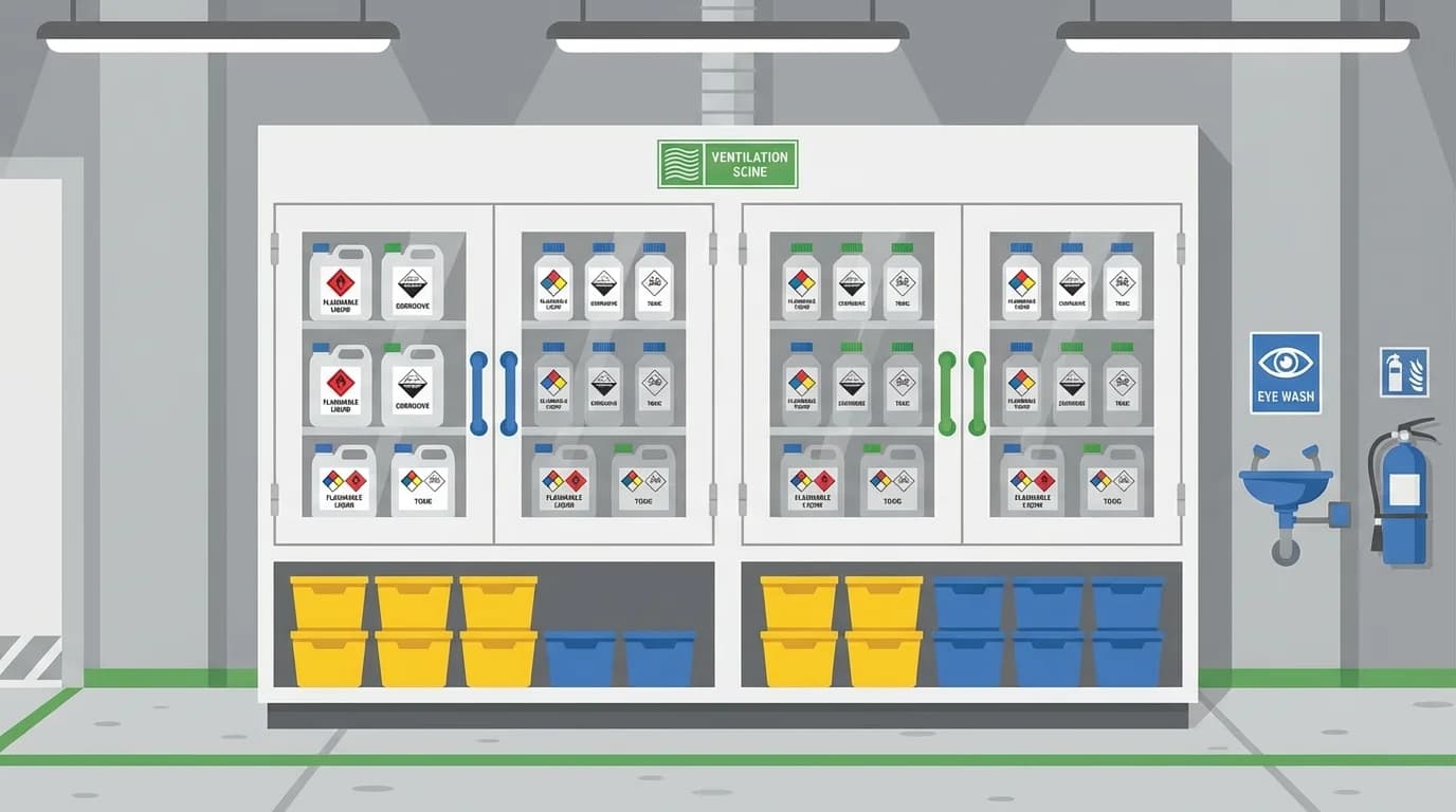 Chemical storage cabinet with labelled containers and hazard diamond symbols