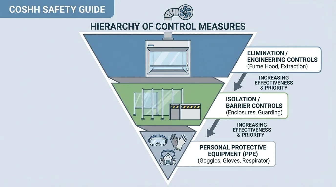 Hierarchy of control measures showing fume hood, barriers, and PPE equipment