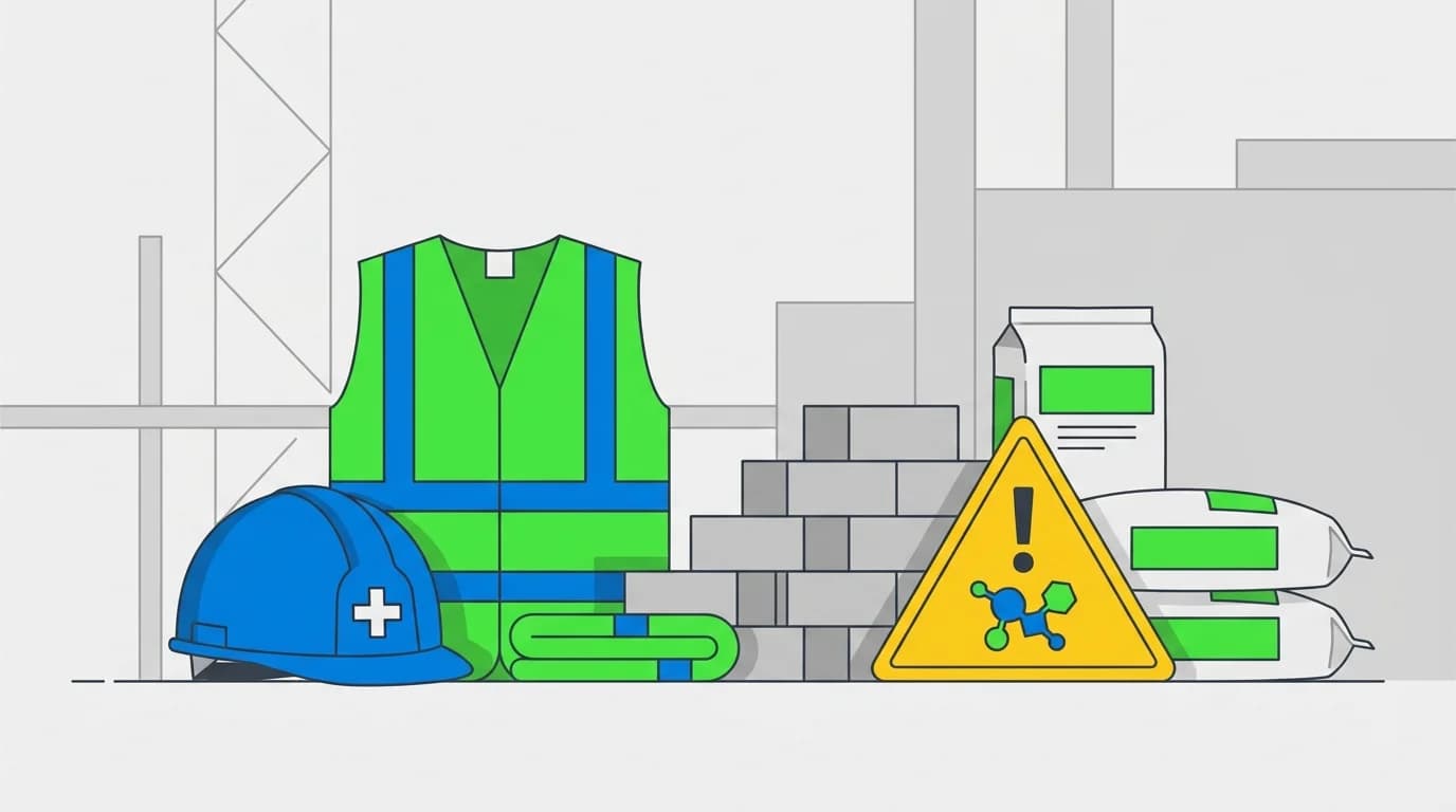 Construction safety equipment including hard hat, high-vis vest, and hazard signage