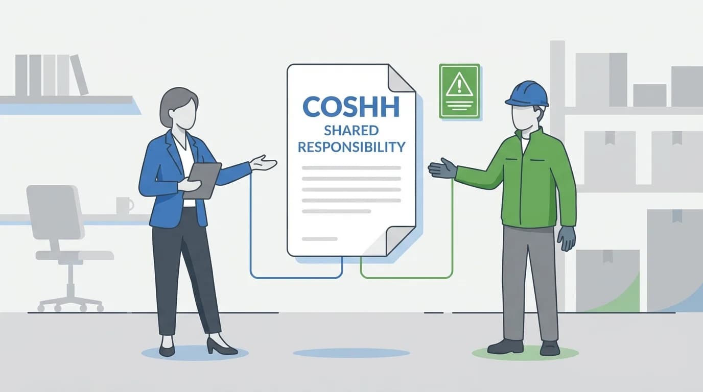 Manager and worker sharing COSHH compliance responsibility document