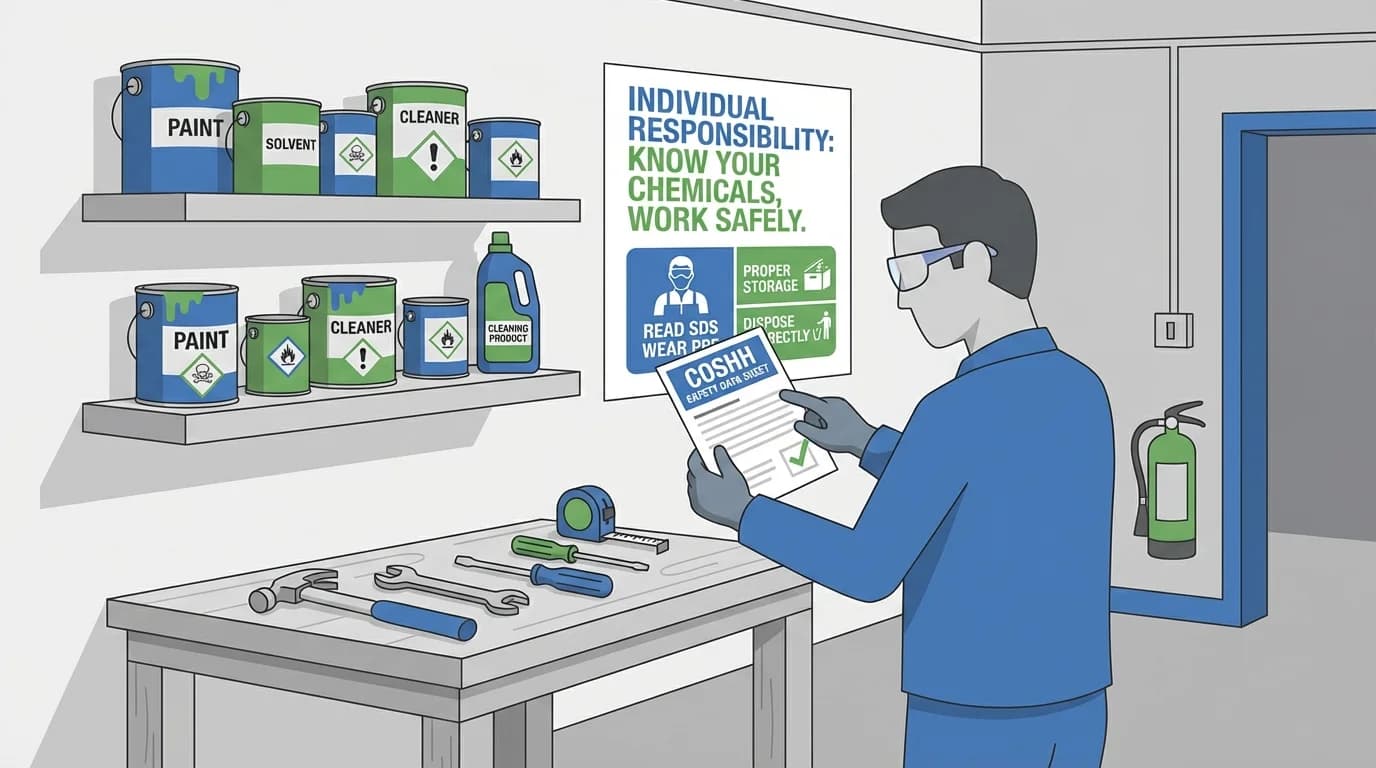 Self-employed tradesperson at workbench with chemical products and safety equipment