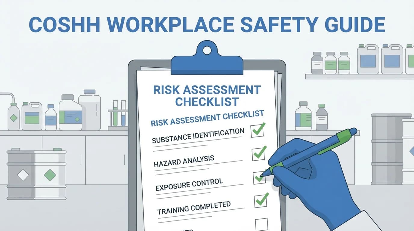 Risk assessment checklist on clipboard with chemical containers in background
