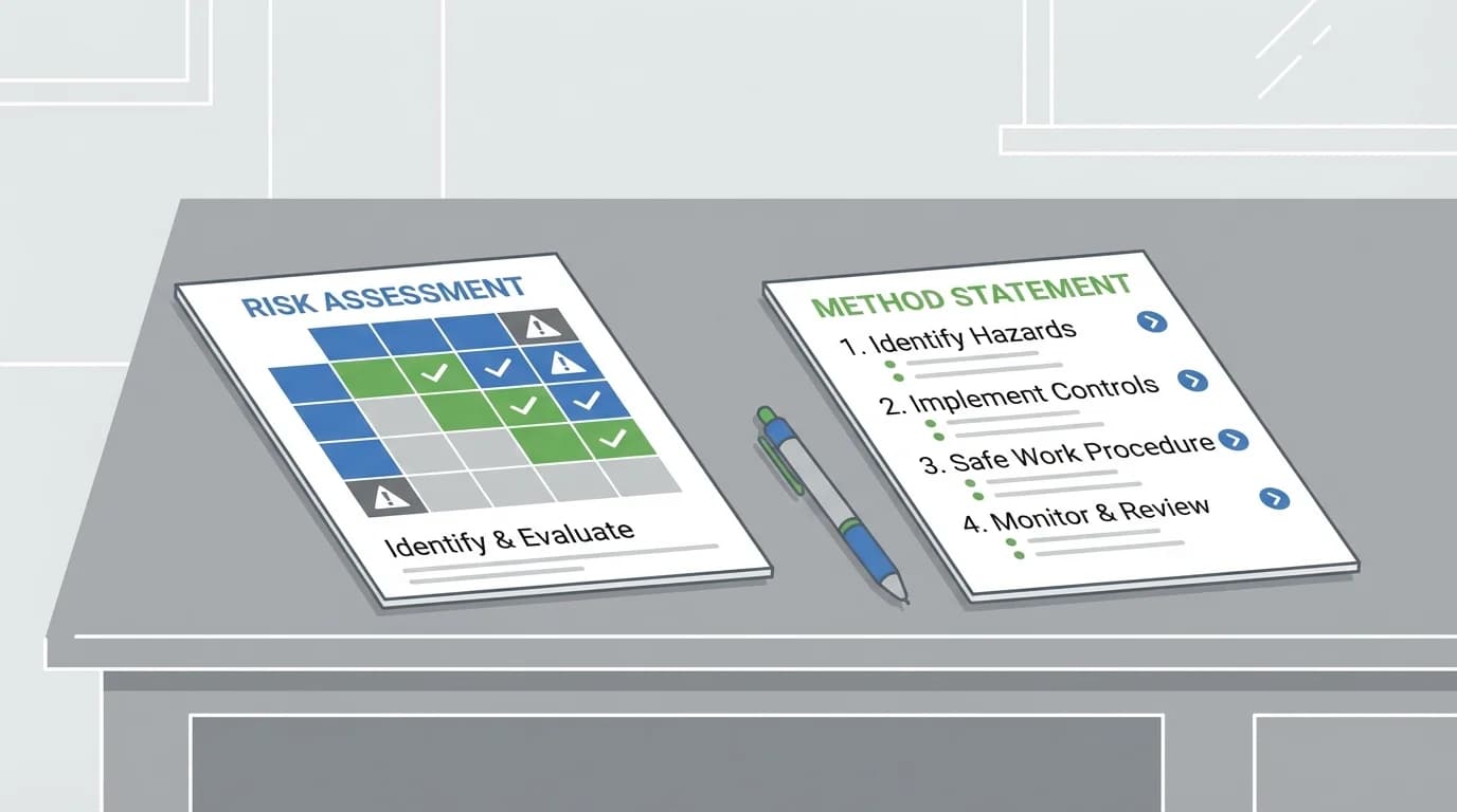 Risk assessment matrix and method statement document side by side