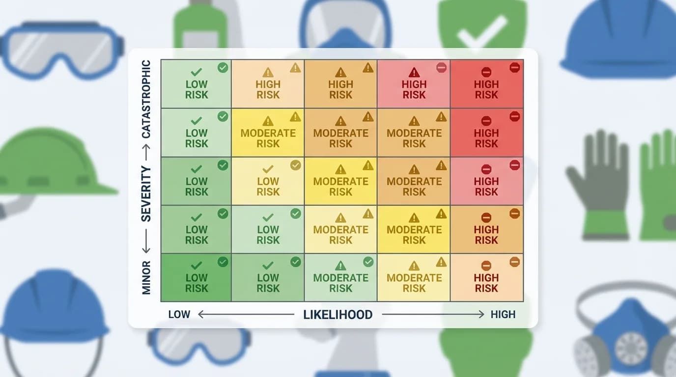 5x5 risk matrix grid showing likelihood vs severity with safety equipment
