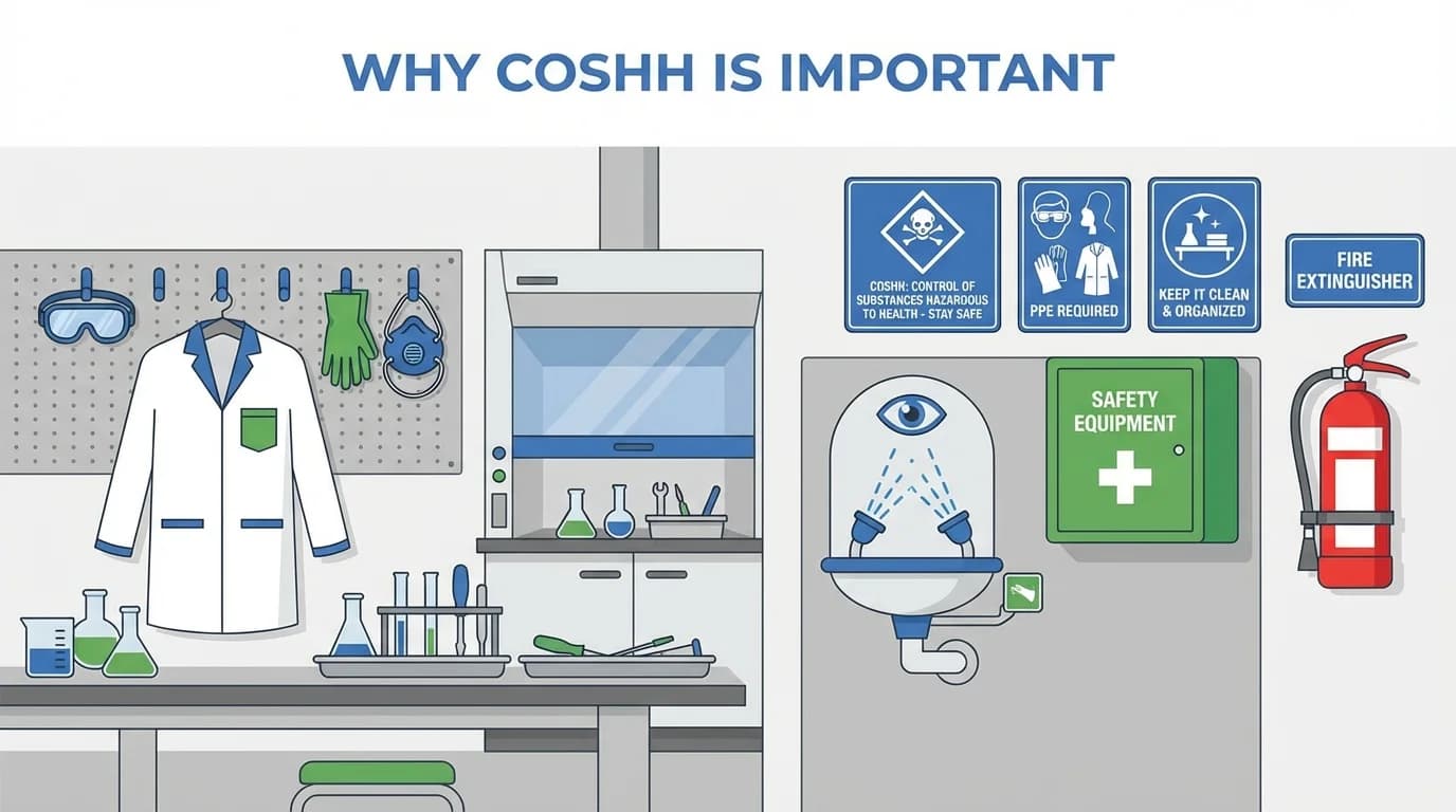 Well-equipped laboratory with safety equipment, eye wash station, and PPE