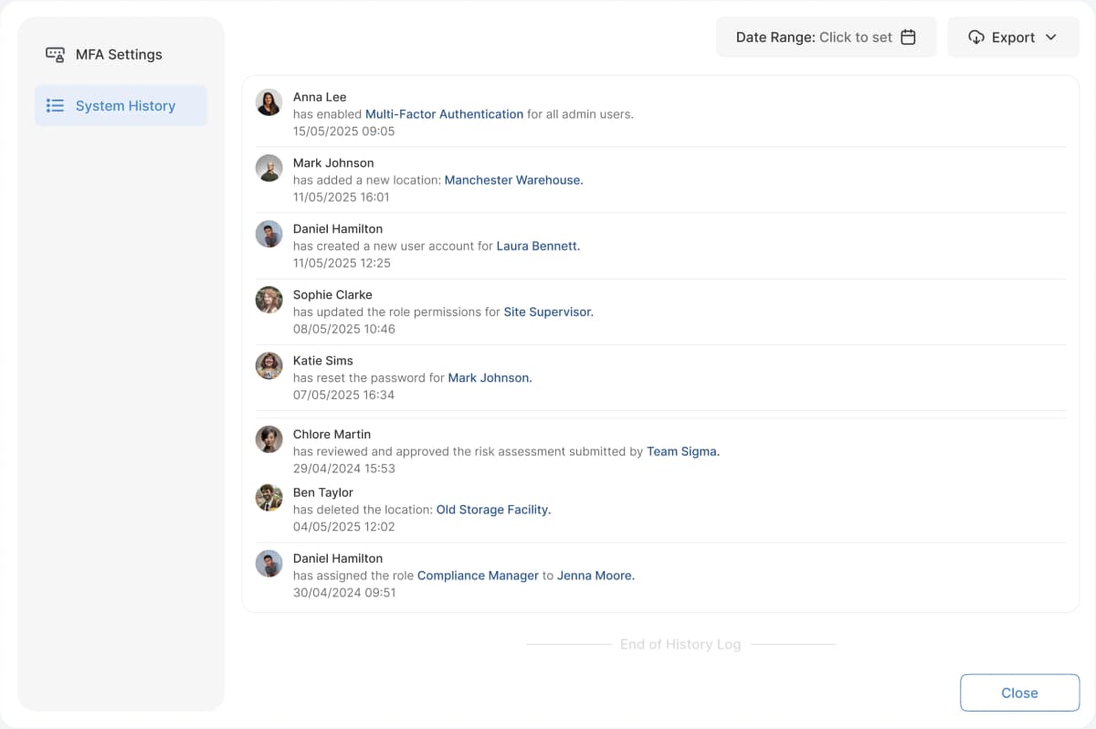 Action management interface showing task assignments and deadlines
