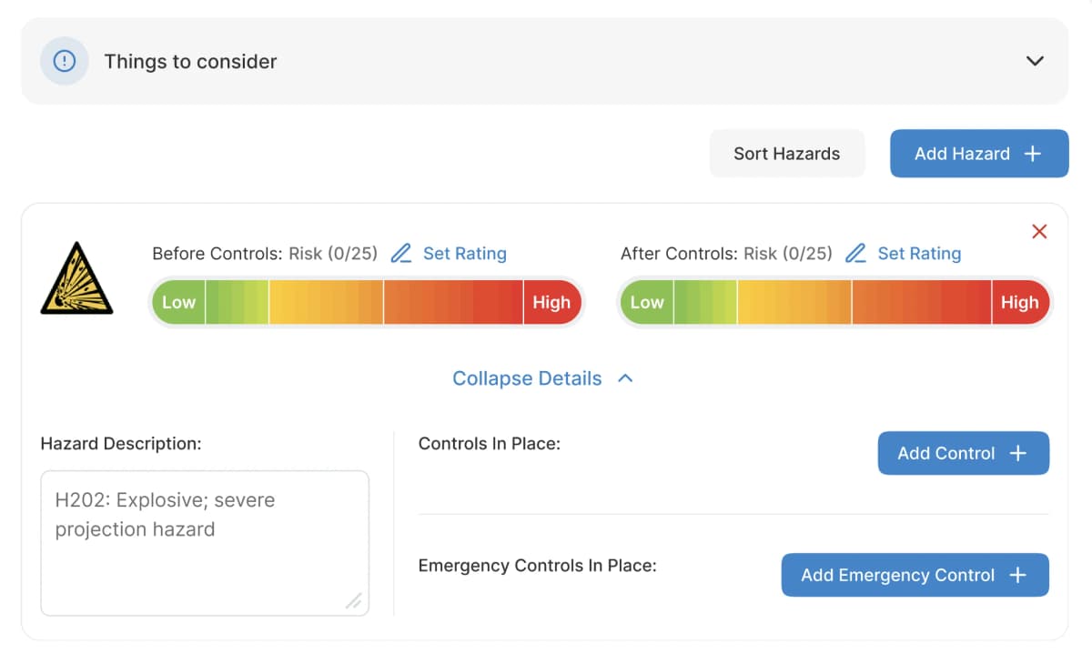 Risk management interface showing risk assessment workflow