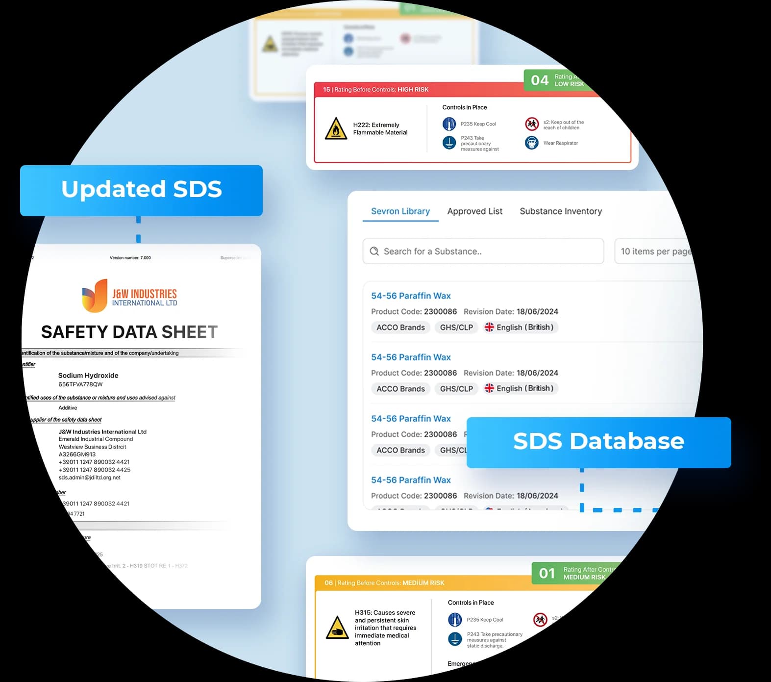 SDS Management software interface showing centralised safety data sheet library with version control