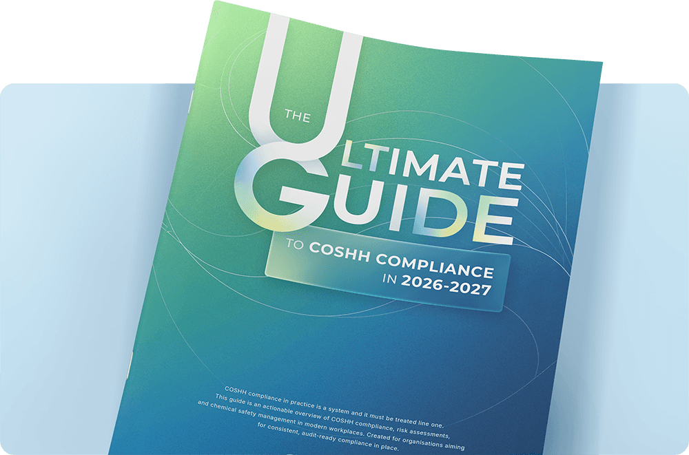 3D cover mock-up of The Ultimate Guide to COSHH Compliance 2026–2027, green-to-navy gradient, Sevron branding; mid-page download CTA visual.