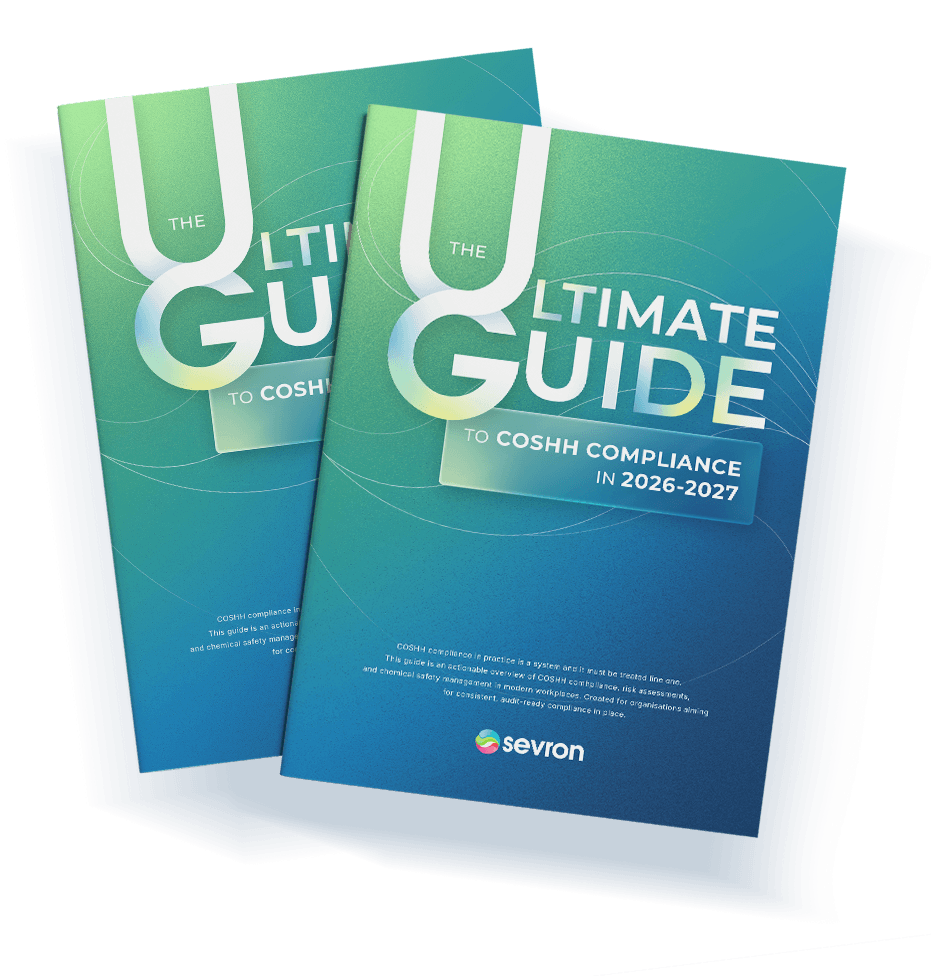 Mock-up of two covers of Sevron’s Ultimate Guide to COSHH Compliance 2026–2027 — gradient design; main free PDF preview for UK health and safety teams.